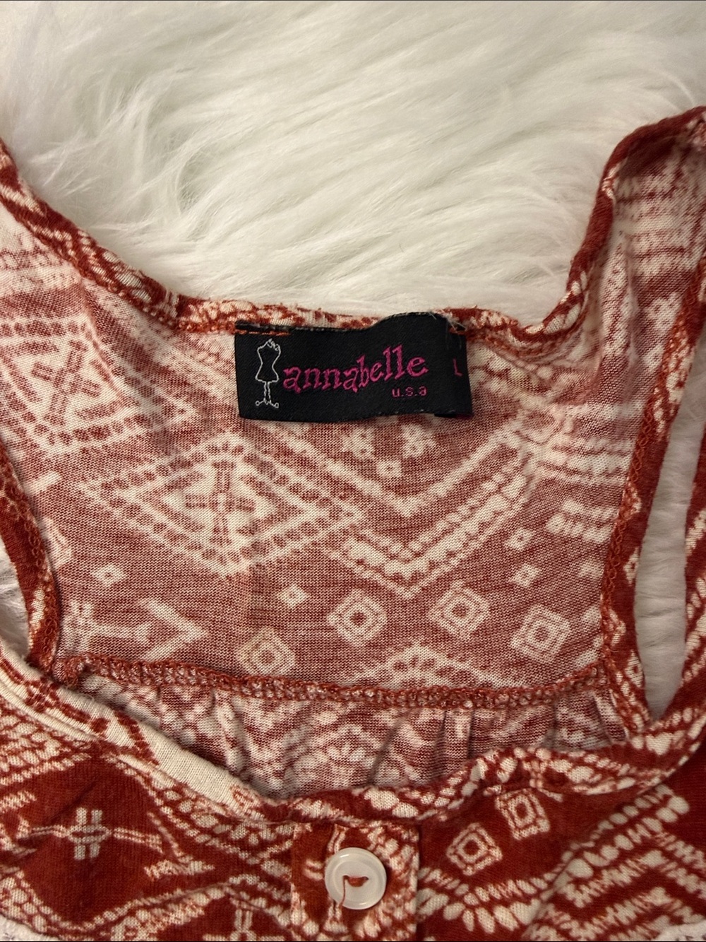 Annabelle USA Boho Tank Top Women’s Large Red Cream Geometric Lace Trim Flowy - Picture 2 of 6